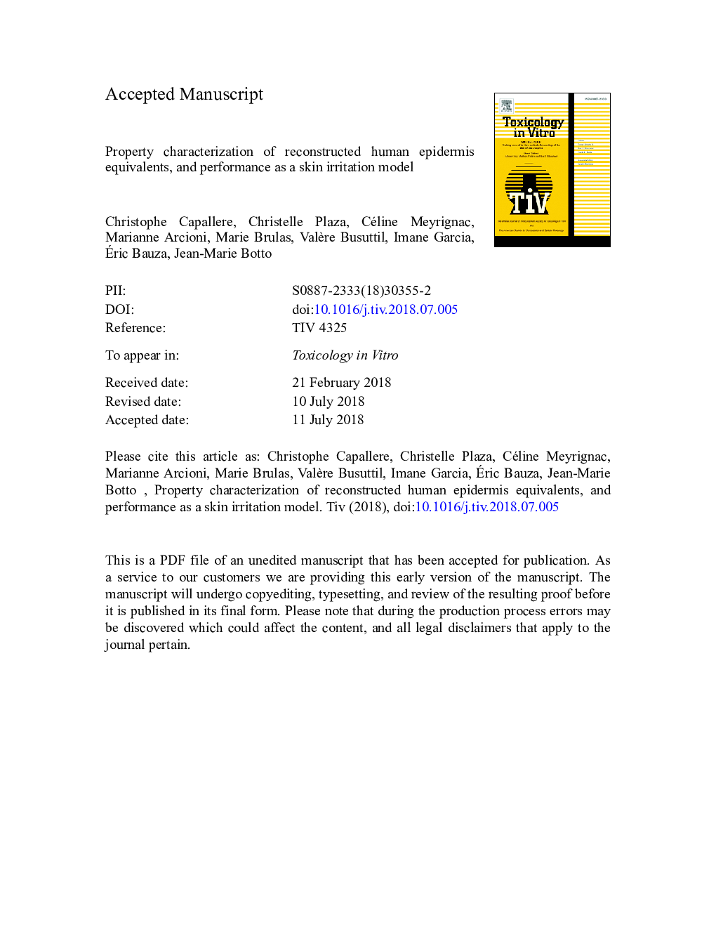 Property characterization of reconstructed human epidermis equivalents, and performance as a skin irritation model