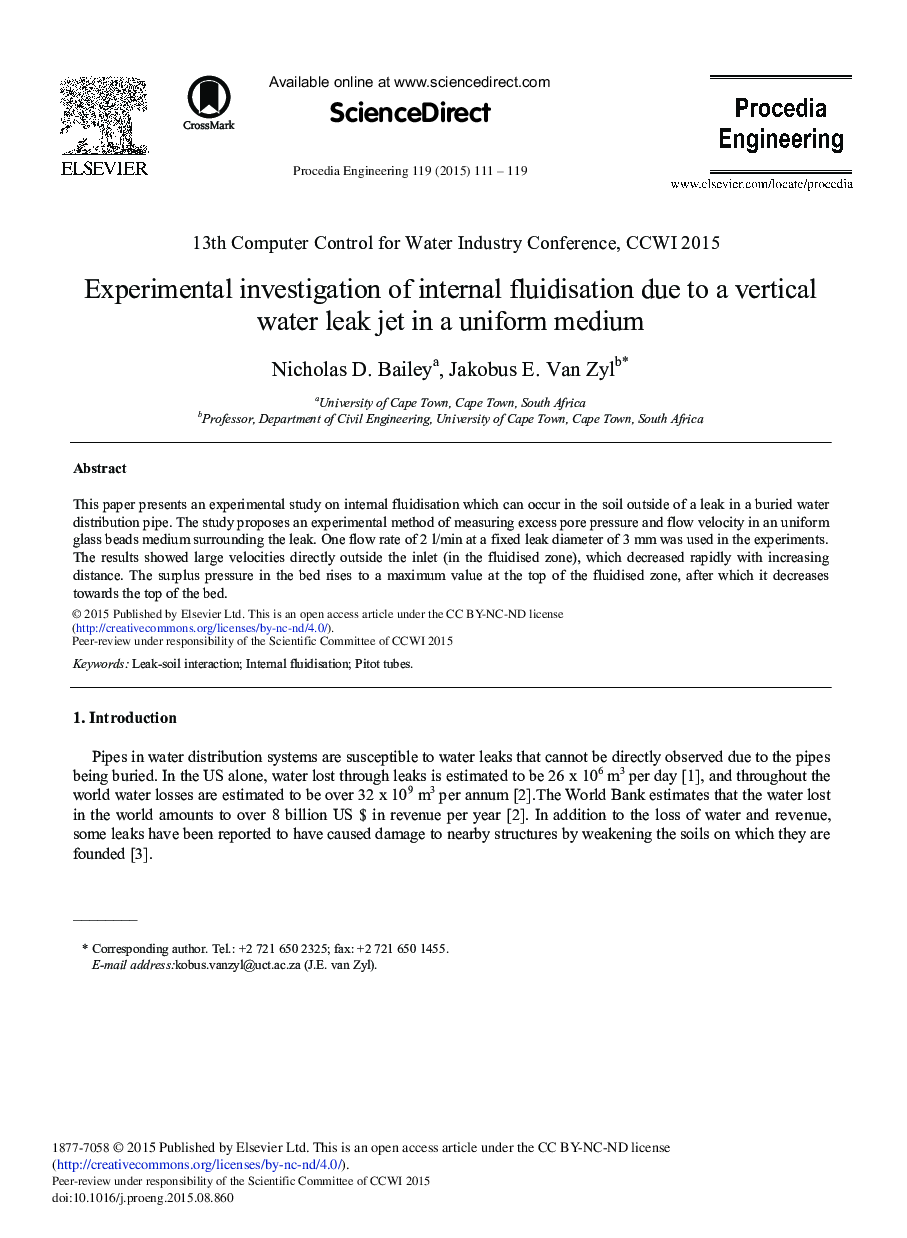 Experimental Investigation of Internal Fluidisation Due to a Vertical Water Leak Jet in a Uniform Medium 