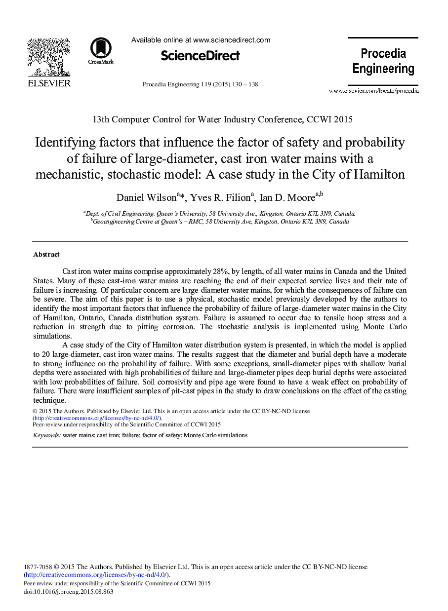 Identifying Factors that Influence the Factor of Safety and Probability of Failure of Large-diameter, Cast Iron Water Mains with a Mechanistic, Stochastic Model: A Case Study in the City of Hamilton 