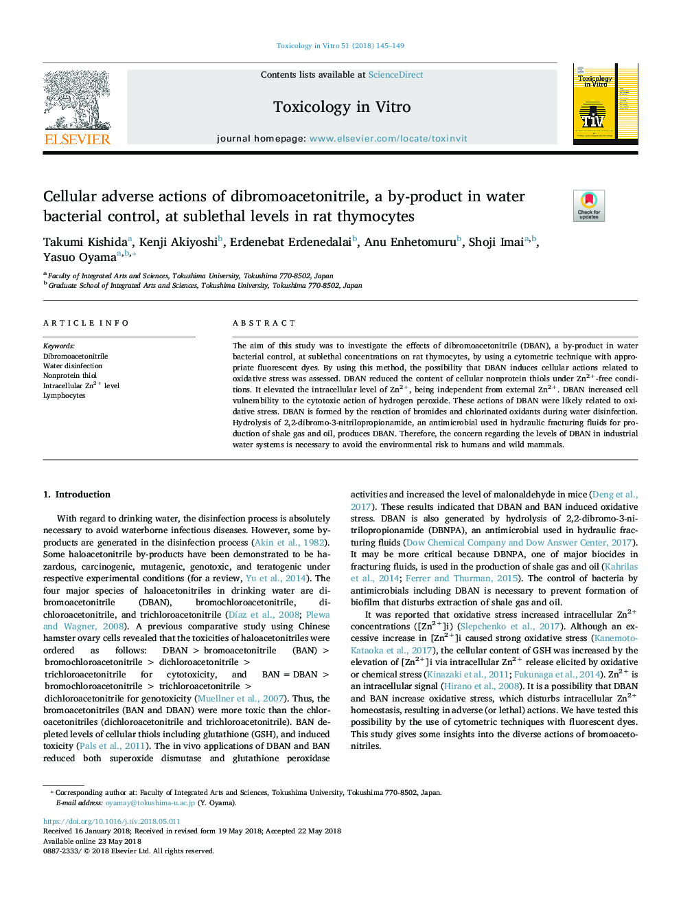 Cellular adverse actions of dibromoacetonitrile, a by-product in water bacterial control, at sublethal levels in rat thymocytes