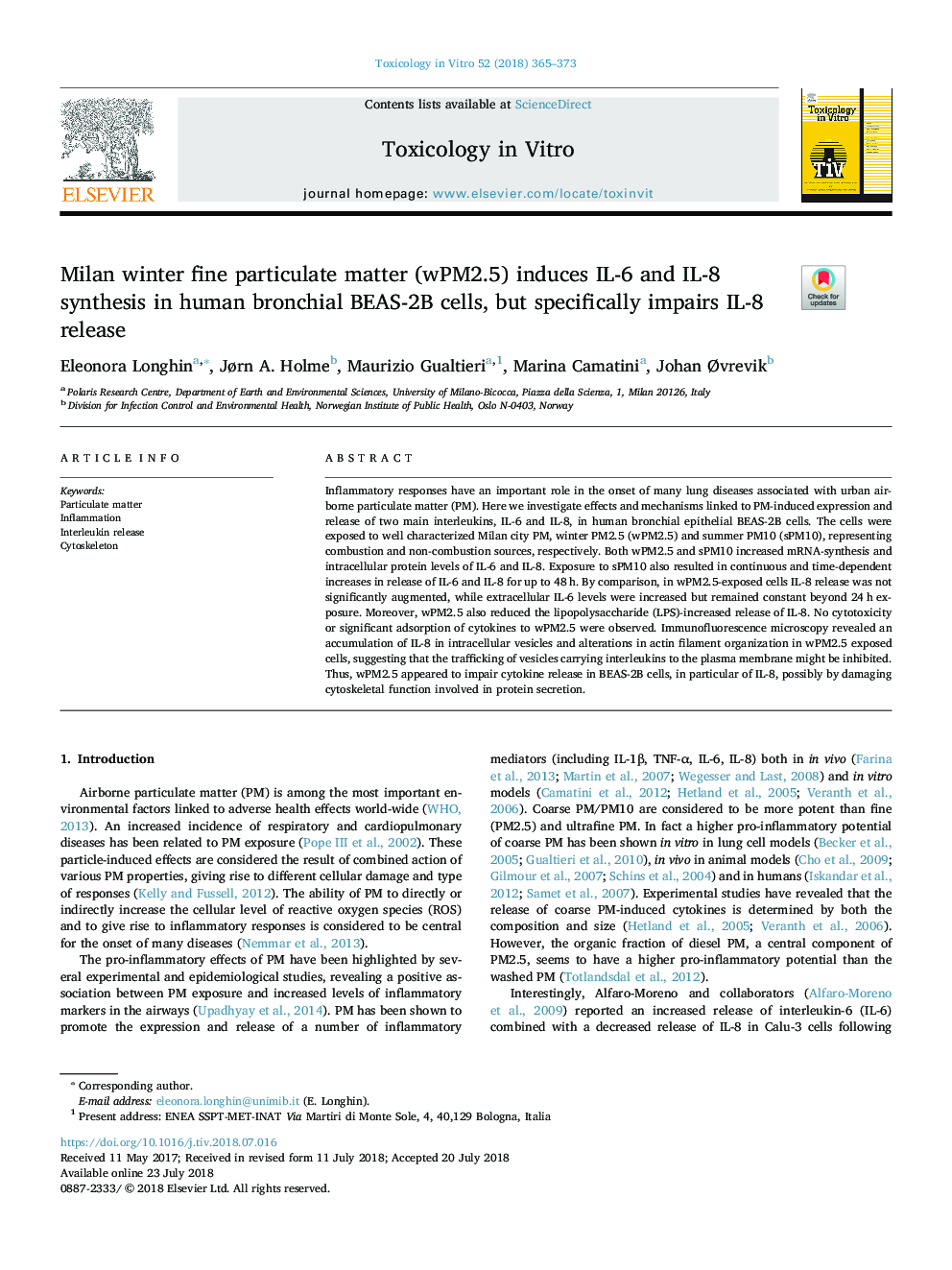 عکس صفحه اول مقاله: Milan winter fine particulate matter (wPM2.5) induces IL-6 and IL-8 synthesis in human bronchial BEAS-2B cells, but specifically impairs IL-8 release Milan winter fine particulate matter (wPM2.5) induces IL-6 and IL-8 synthesis in human bronchial BEAS-2B cells, but specifically impairs IL-8 release