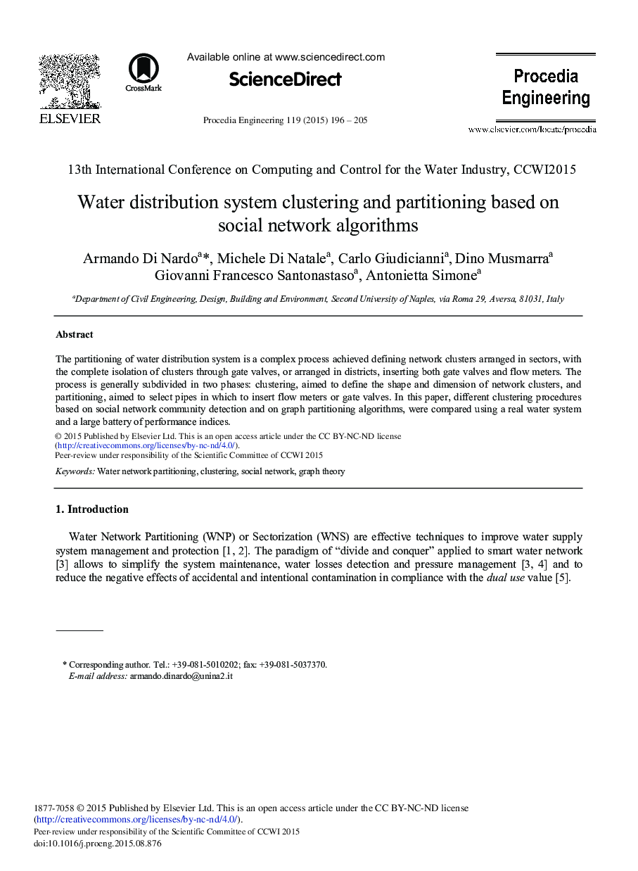 Water Distribution System Clustering and Partitioning Based on Social Network Algorithms 
