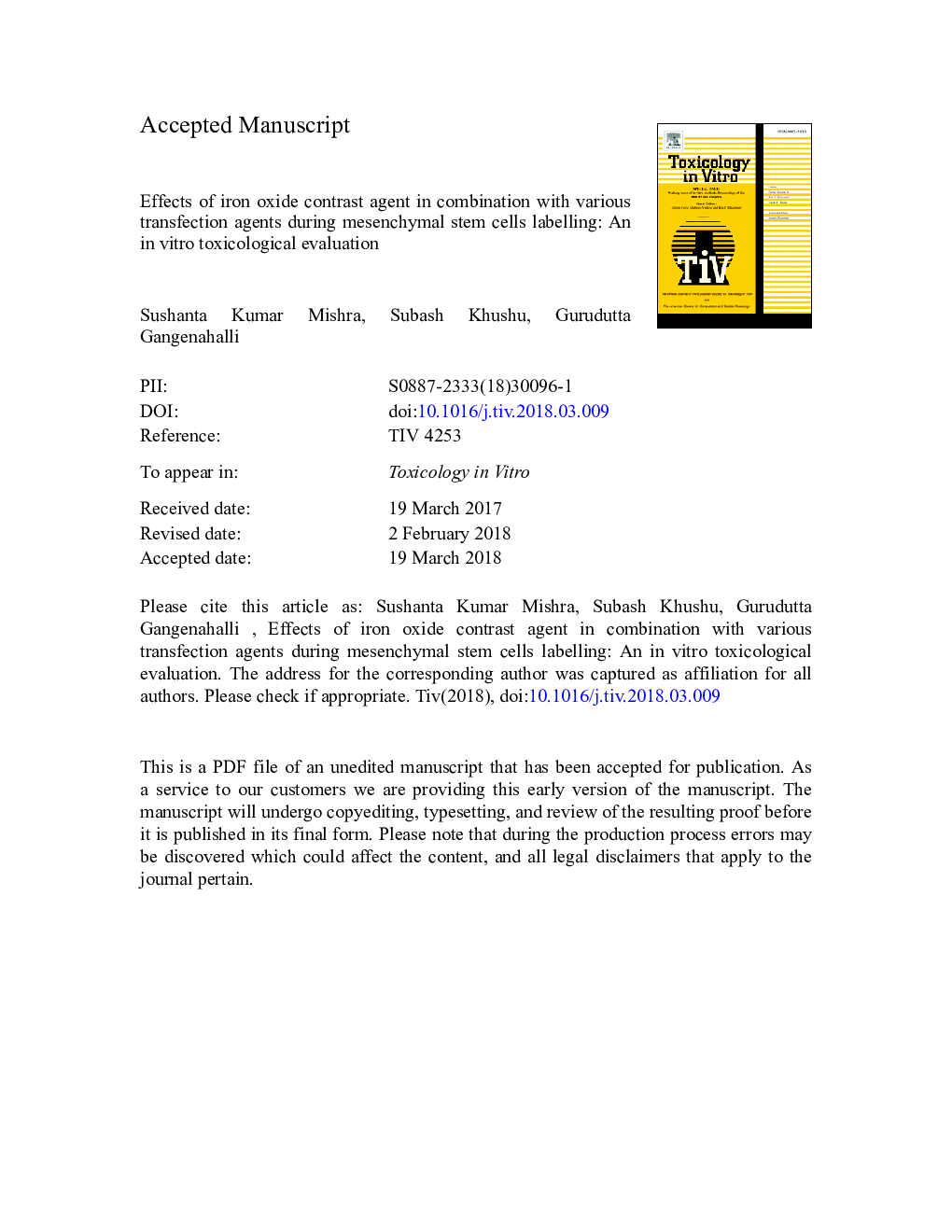 Effects of iron oxide contrast agent in combination with various transfection agents during mesenchymal stem cells labelling: An in vitro toxicological evaluation