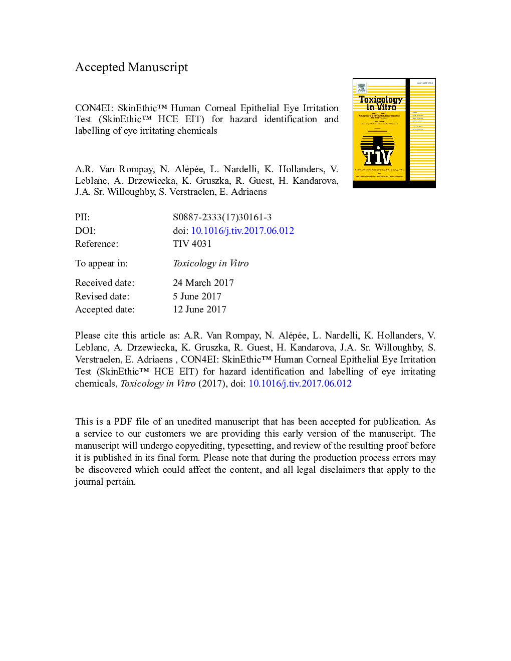 CON4EI: SkinEthicâ¢ Human Corneal Epithelium Eye Irritation Test (SkinEthicâ¢ HCE EIT) for hazard identification and labelling of eye irritating chemicals