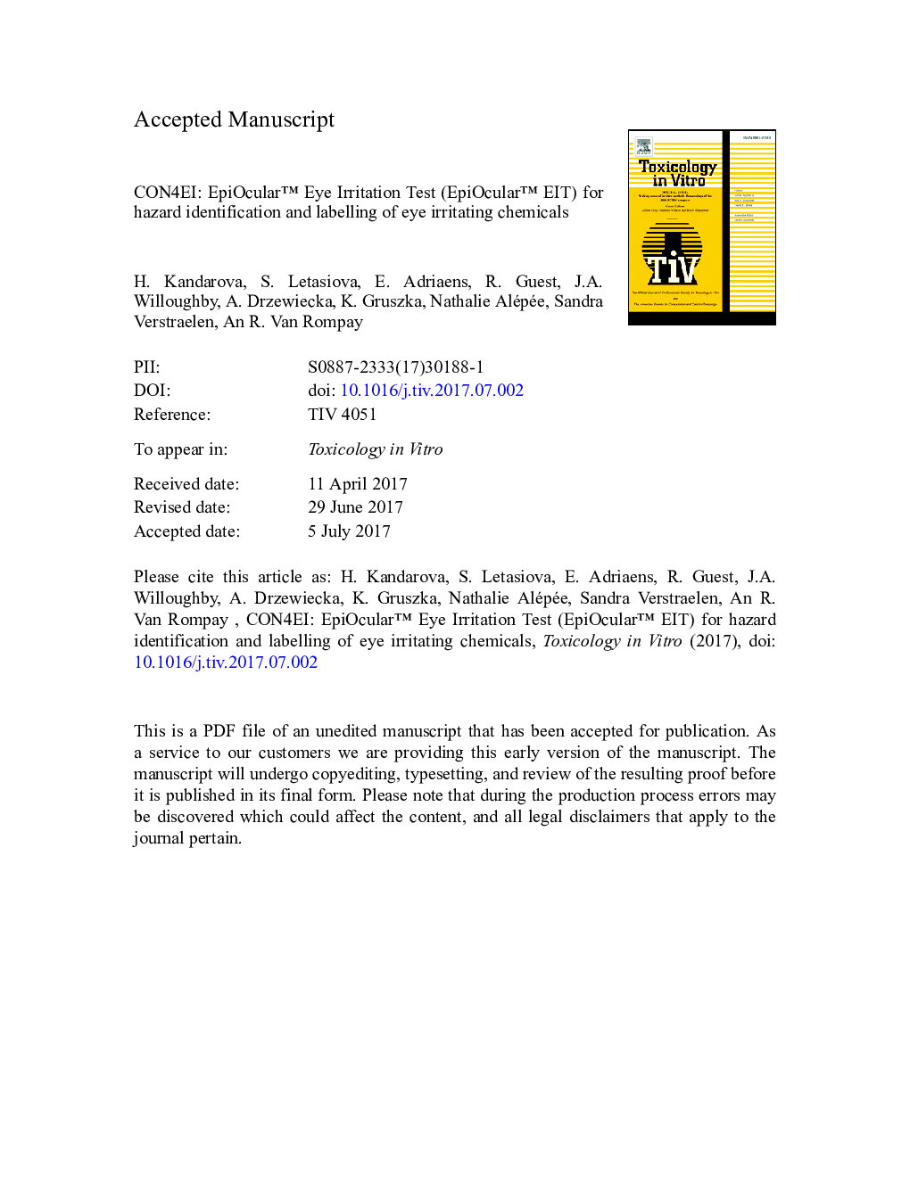 CON4EI: EpiOcularâ¢ Eye Irritation Test (EpiOcularâ¢ EIT) for hazard identification and labelling of eye irritating chemicals