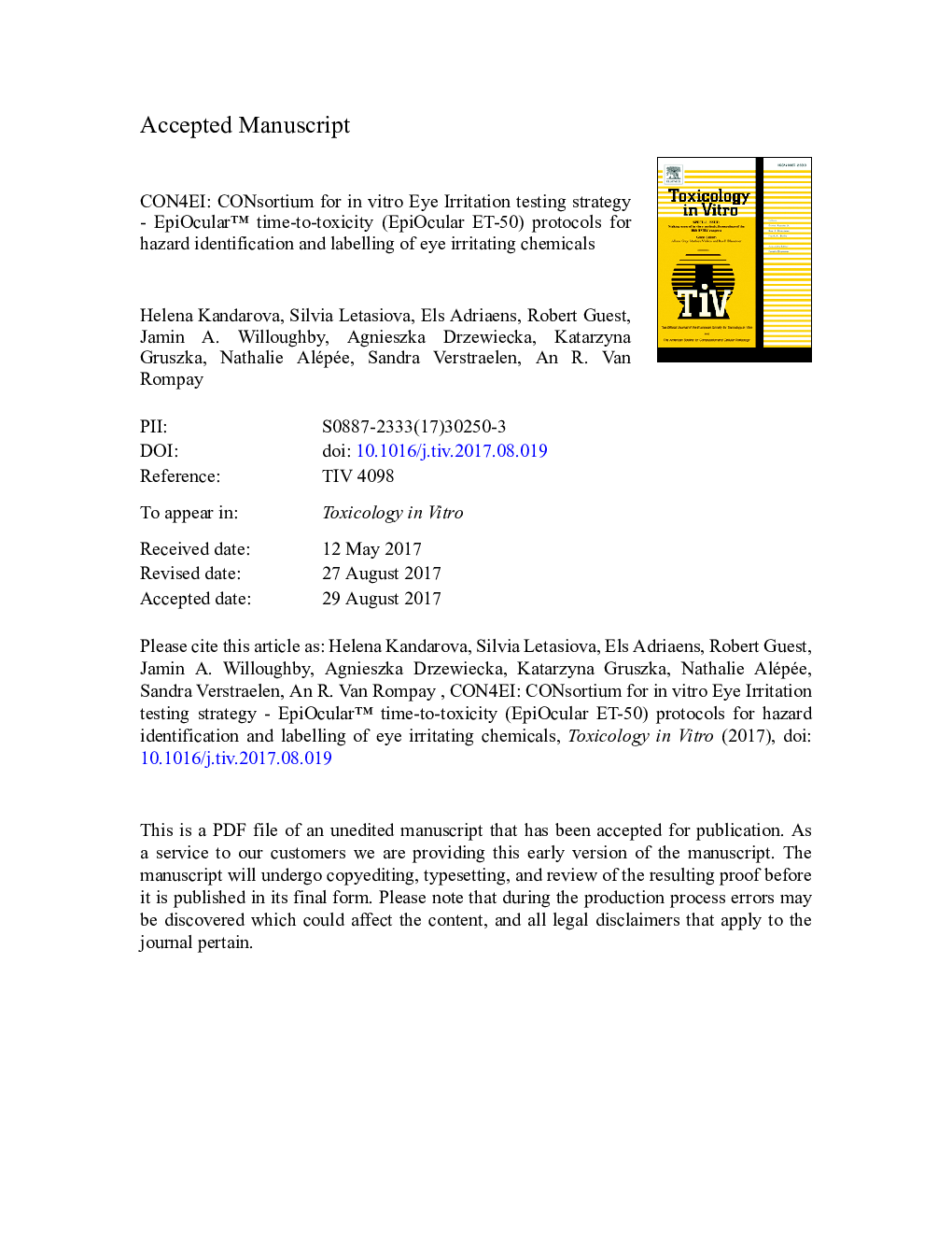 CON4EI: CONsortium for in vitro Eye Irritation testing strategy - EpiOcularâ¢ time-to-toxicity (EpiOcular ET-50) protocols for hazard identification and labelling of eye irritating chemicals