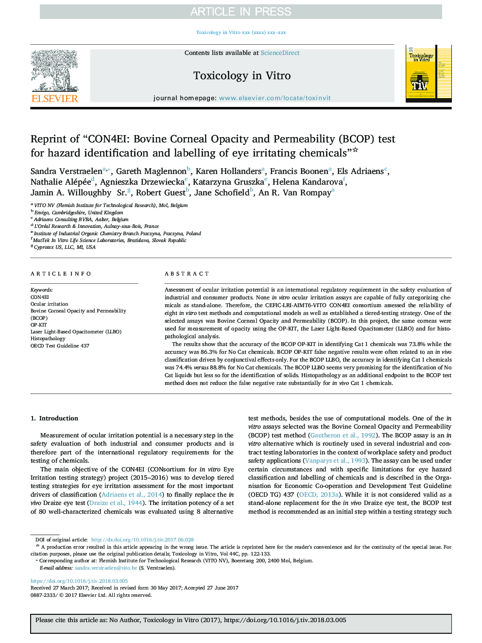 Reprint of “CON4EI: Bovine Corneal Opacity and Permeability (BCOP) test for hazard identification and labelling of eye irritating chemicals”