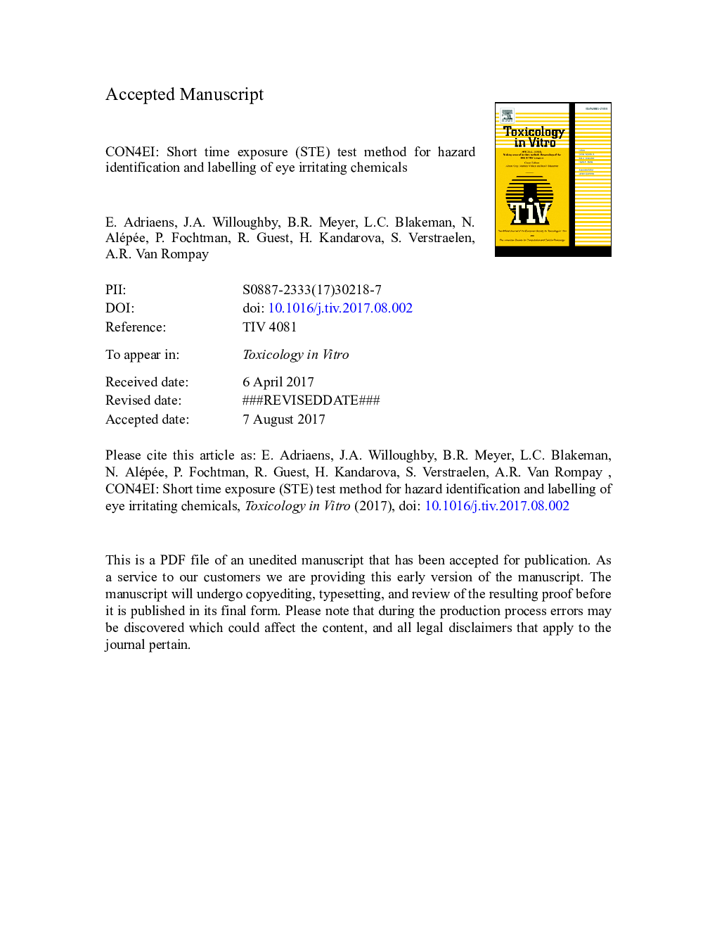 CON4EI: Short Time Exposure (STE) test method for hazard identification and labelling of eye irritating chemicals