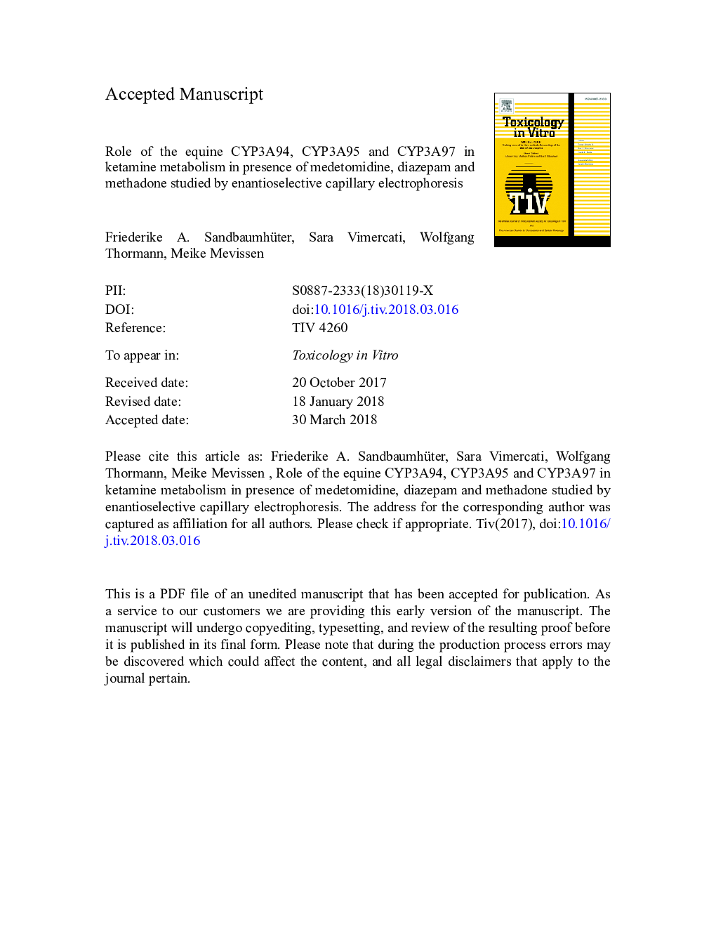 Role of the equine CYP3A94, CYP3A95 and CYP3A97 in ketamine metabolism in presence of medetomidine, diazepam and methadone studied by enantioselective capillary electrophoresis