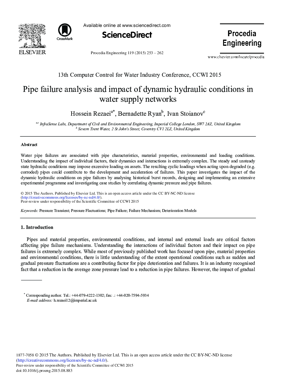 Pipe Failure Analysis and Impact of Dynamic Hydraulic Conditions in Water Supply Networks 