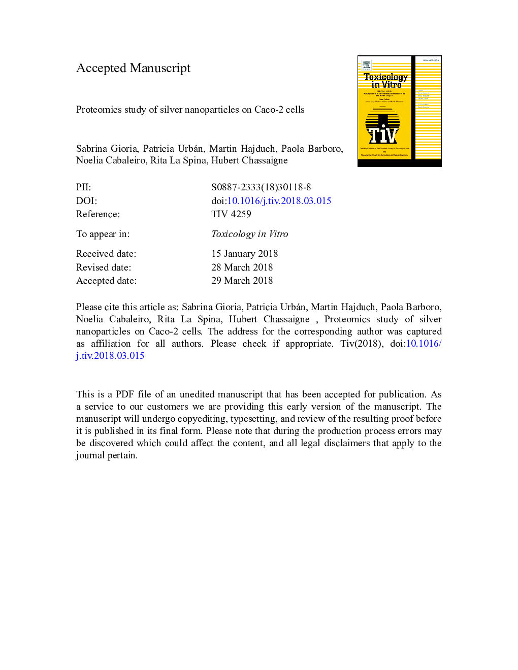 عکس صفحه اول مقاله: Proteomics study of silver nanoparticles on Caco-2 cells Proteomics study of silver nanoparticles on Caco-2 cells