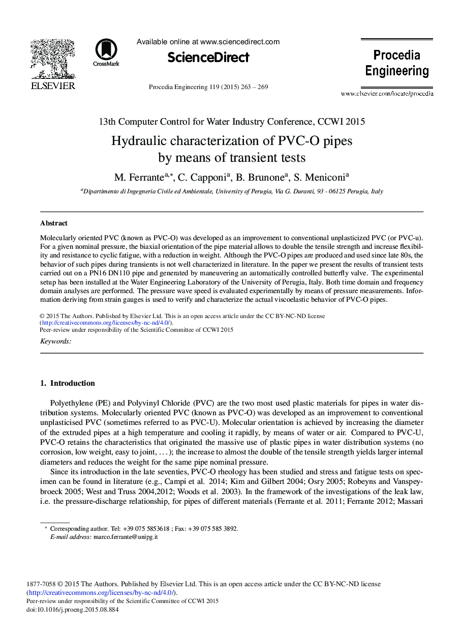 Hydraulic Characterization of PVC-O Pipes by Means of Transient Tests 
