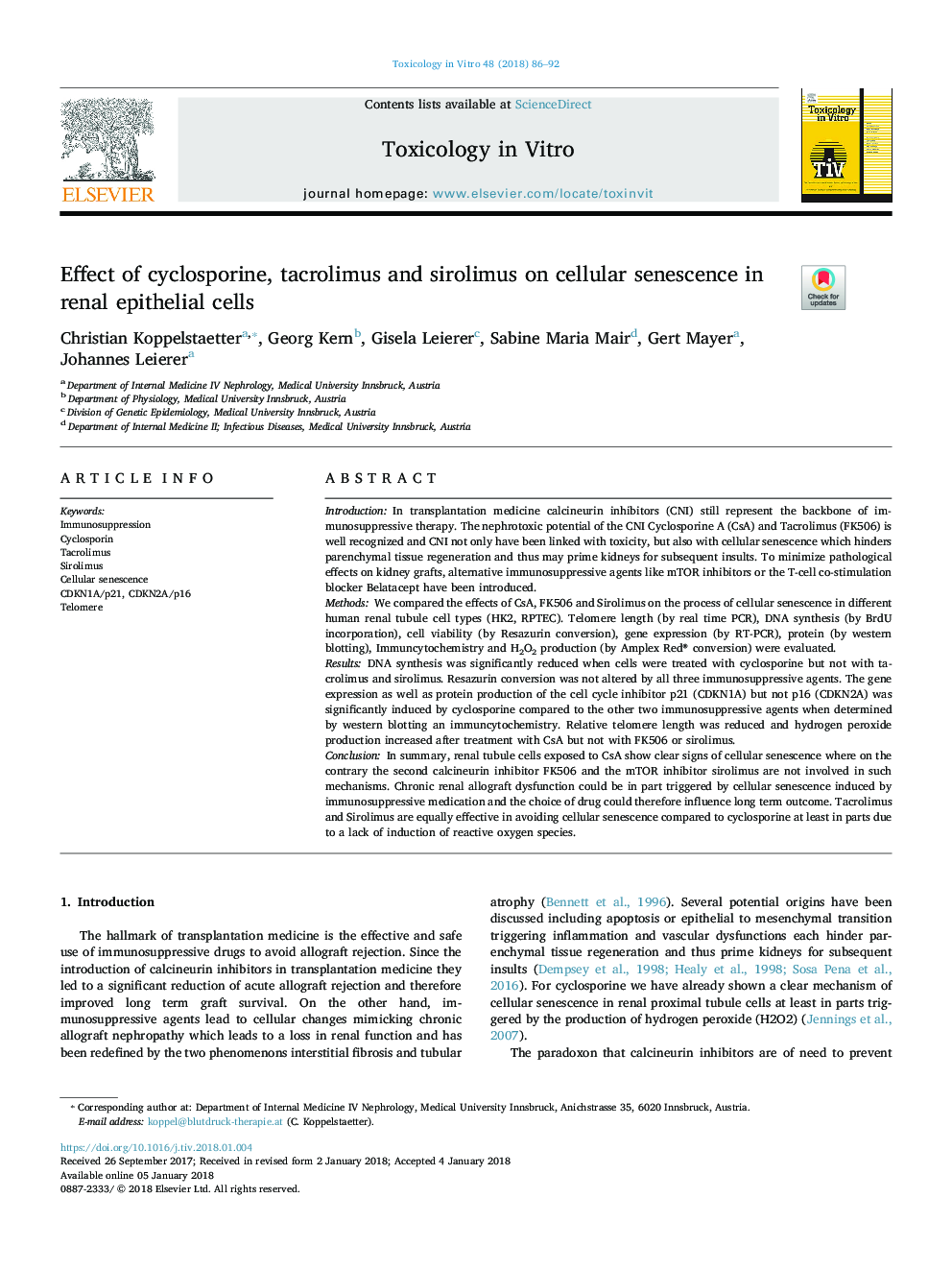 Effect of cyclosporine, tacrolimus and sirolimus on cellular senescence in renal epithelial cells