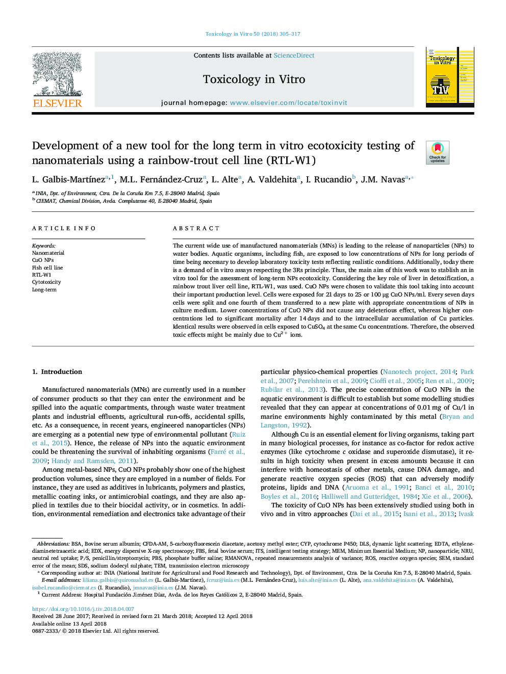 Development of a new tool for the long term in vitro ecotoxicity testing of nanomaterials using a rainbow-trout cell line (RTL-W1)