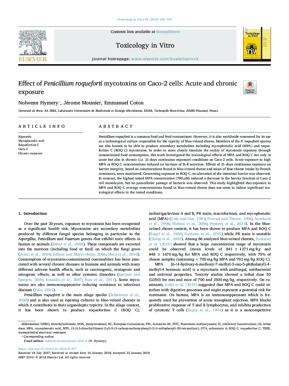 Effect of Penicillium roqueforti mycotoxins on Caco-2 cells: Acute and chronic exposure