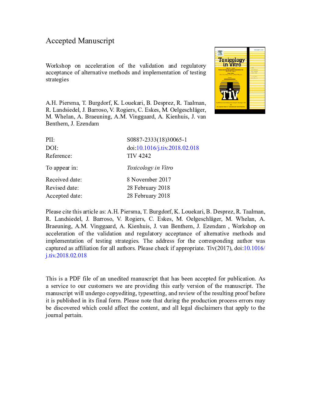 عکس صفحه اول مقاله: Workshop on acceleration of the validation and regulatory acceptance of alternative methods and implementation of testing strategies Workshop on acceleration of the validation and regulatory acceptance of alternative methods and implementation of testing strategies