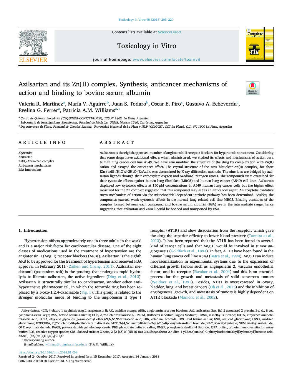 Azilsartan and its Zn(II) complex. Synthesis, anticancer mechanisms of action and binding to bovine serum albumin