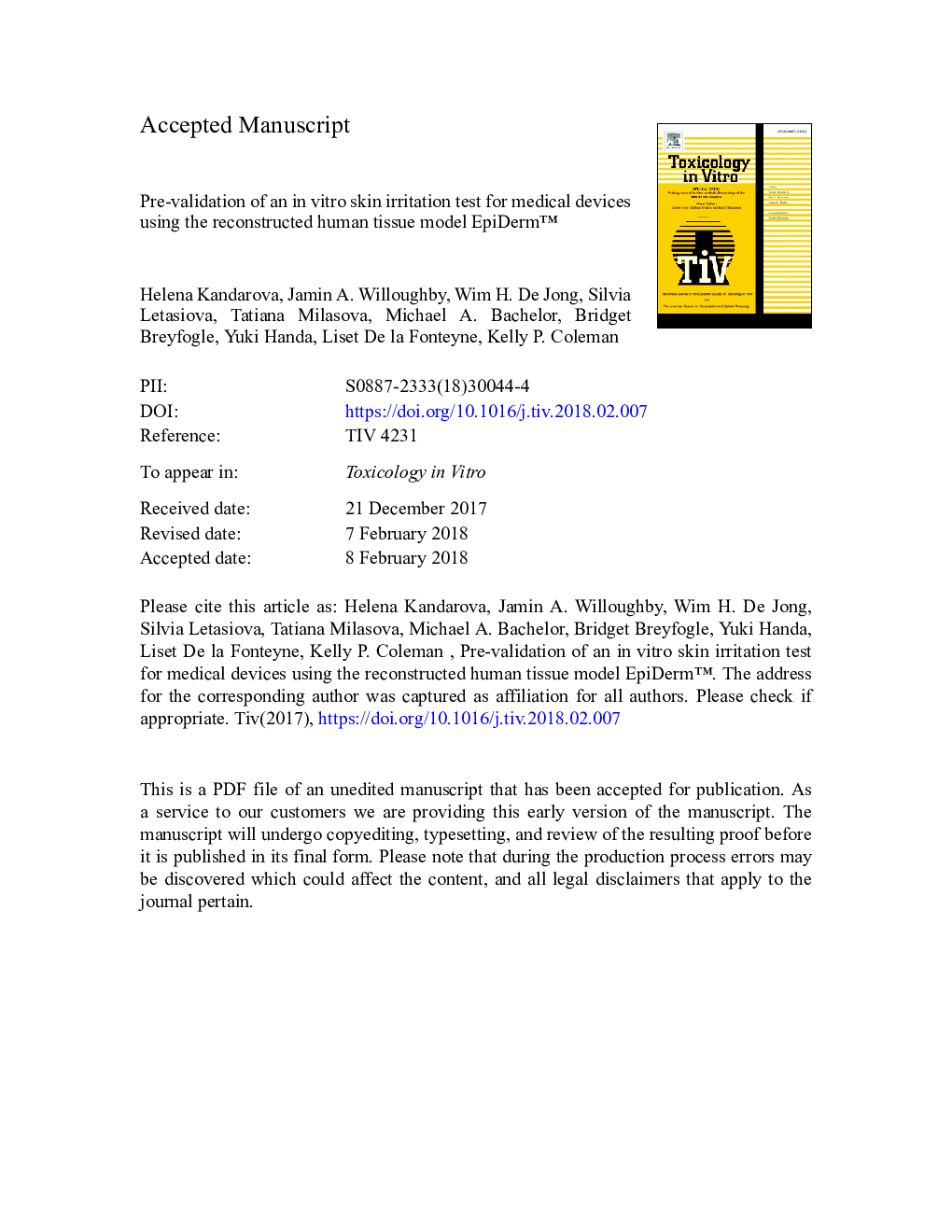 Pre-validation of an in vitro skin irritation test for medical devices using the reconstructed human tissue model EpiDermâ¢