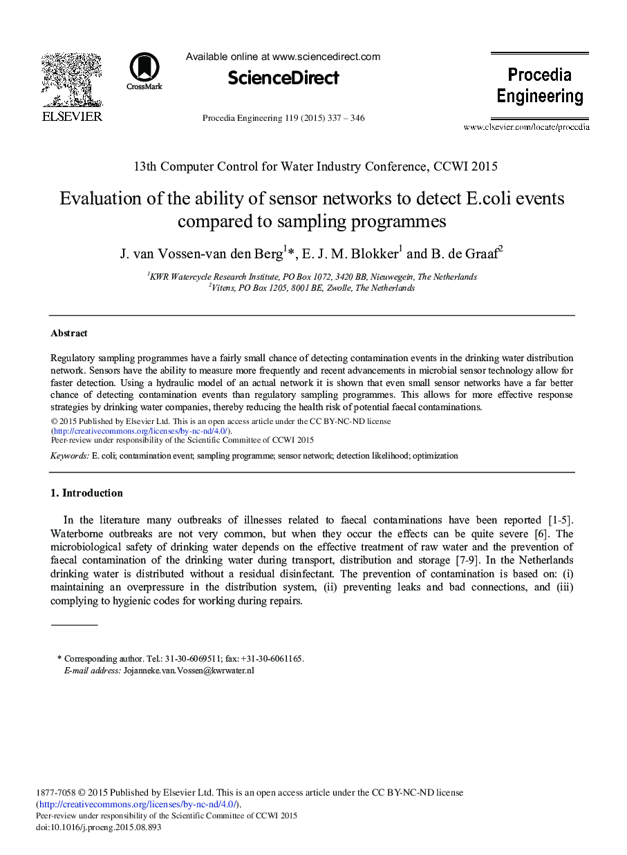 Evaluation of the Ability of Sensor Networks to Detect E.coli Events Compared to Sampling Programmes 