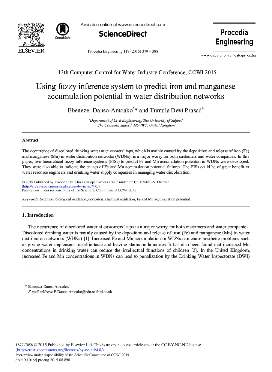 Using Fuzzy Inference System to Predict Iron and Manganese Accumulation Potential in Water Distribution Networks 