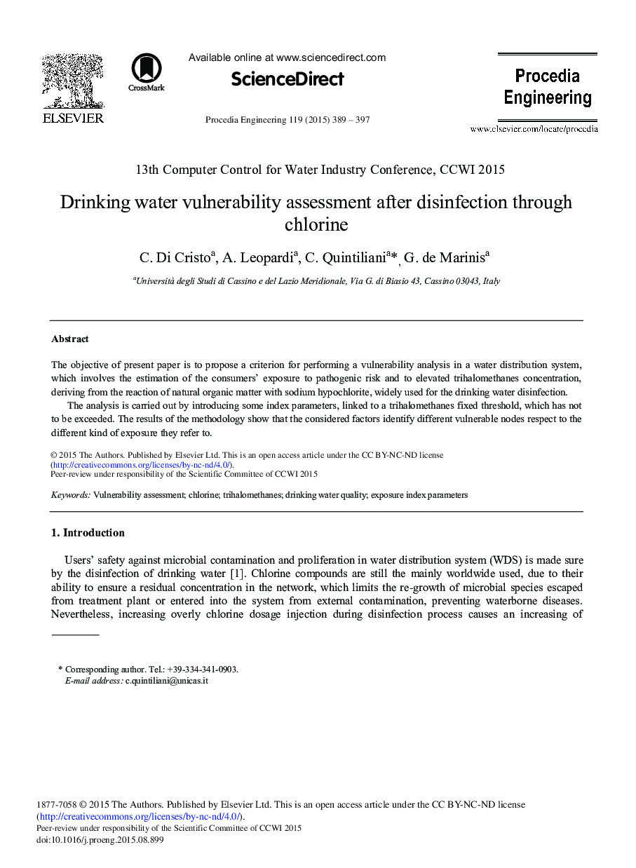 Drinking Water Vulnerability Assessment after Disinfection through Chlorine 