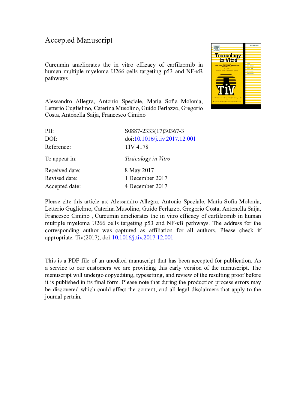 Curcumin ameliorates the in vitro efficacy of carfilzomib in human multiple myeloma U266 cells targeting p53 and NF-ÎºB pathways