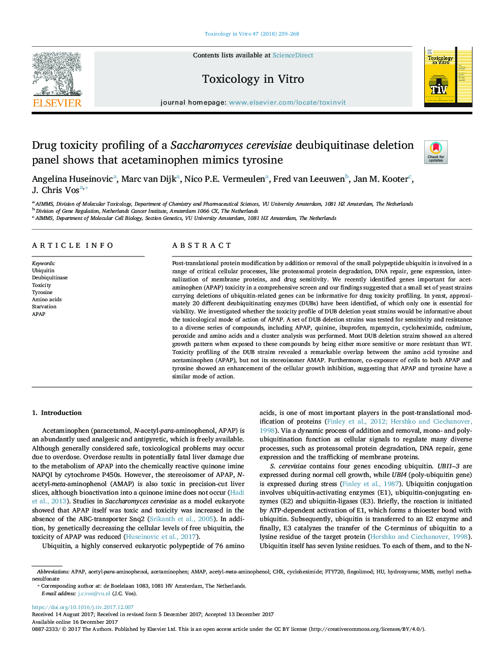Drug toxicity profiling of a Saccharomyces cerevisiae deubiquitinase deletion panel shows that acetaminophen mimics tyrosine