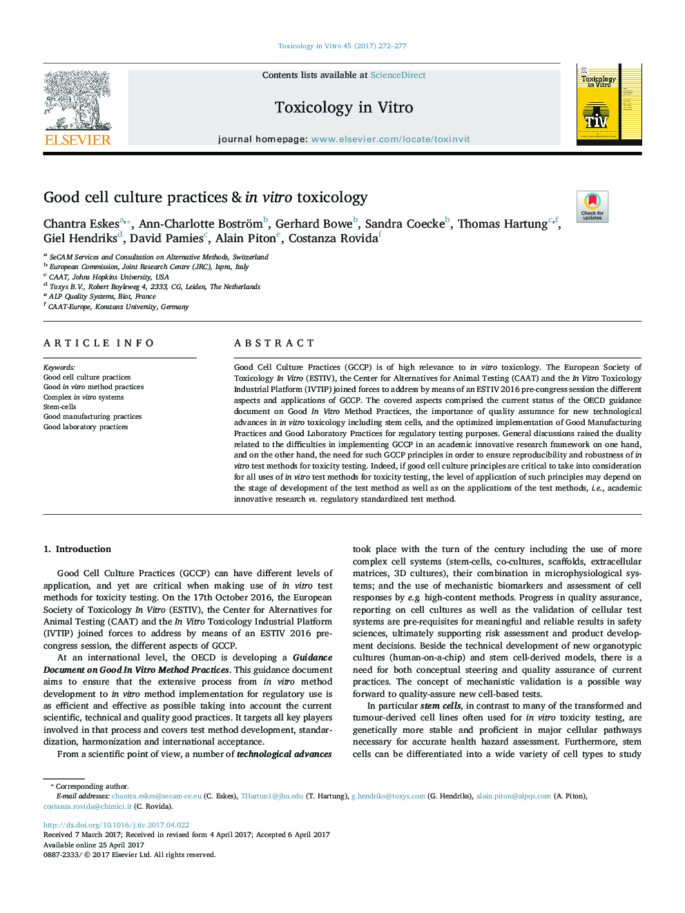 Good cell culture practices & in vitro toxicology