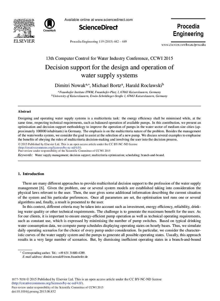 Decision Support for the Design and Operation of Water Supply Systems 