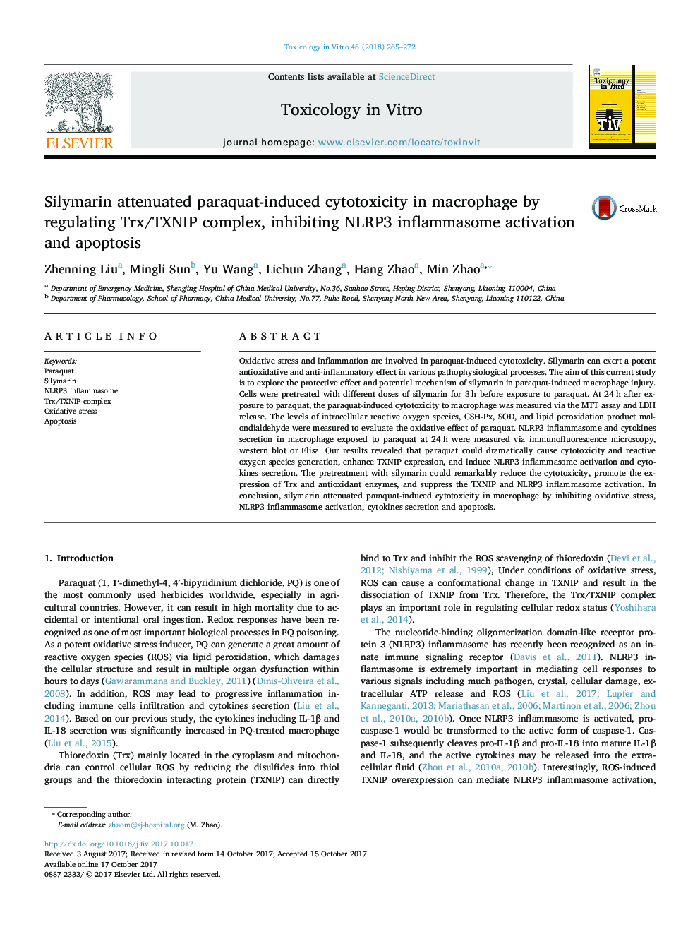 Silymarin attenuated paraquat-induced cytotoxicity in macrophage by regulating Trx/TXNIP complex, inhibiting NLRP3 inflammasome activation and apoptosis