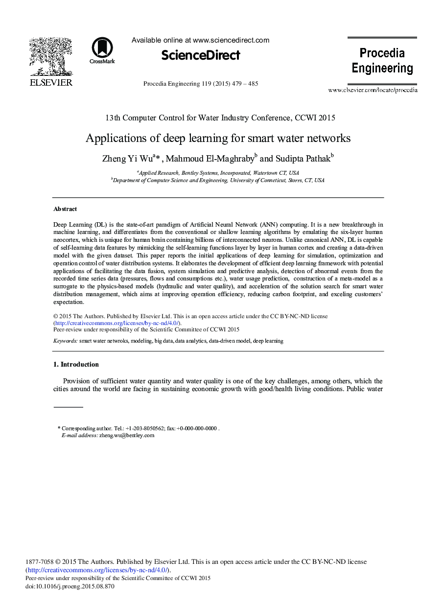 Applications of Deep Learning for Smart Water Networks 