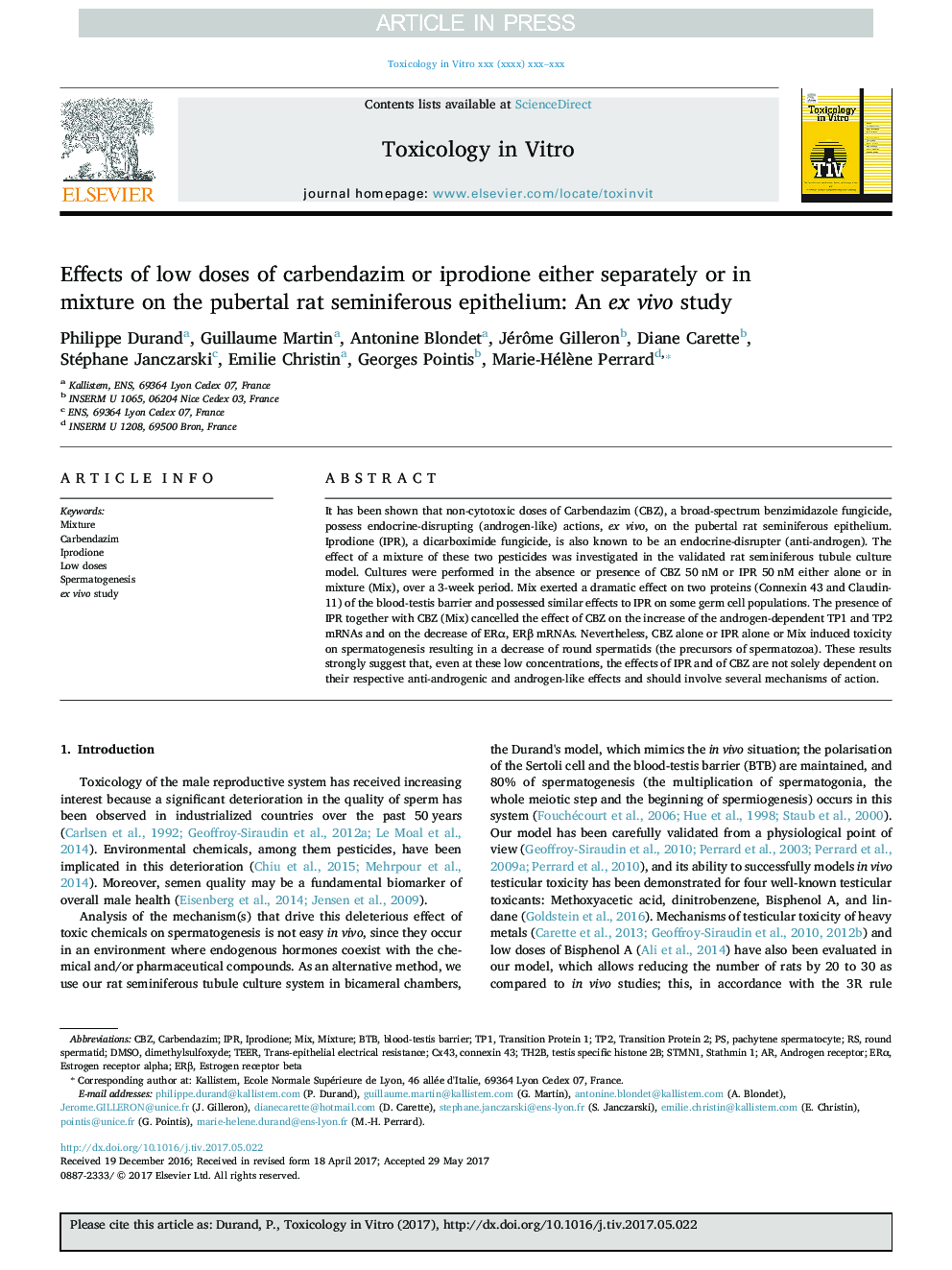 Effects of low doses of carbendazim or iprodione either separately or in mixture on the pubertal rat seminiferous epithelium: An ex vivo study