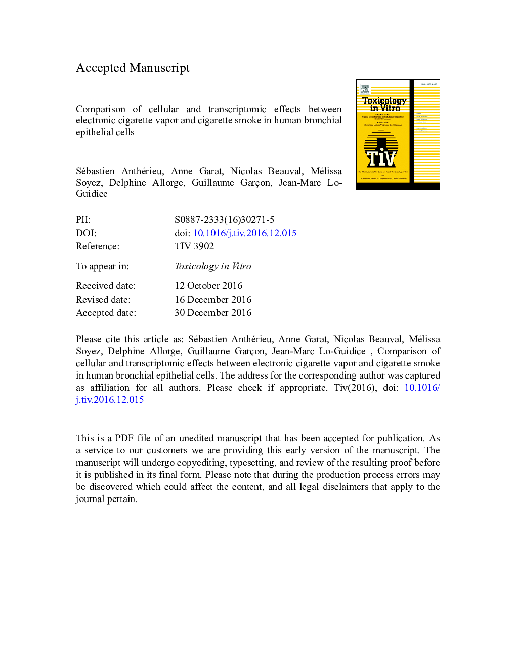 Comparison of cellular and transcriptomic effects between electronic cigarette vapor and cigarette smoke in human bronchial epithelial cells