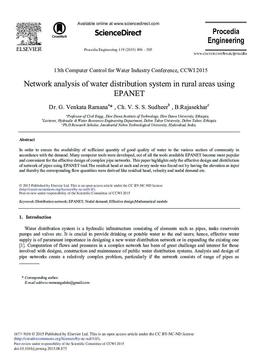 Network Analysis of Water Distribution System in Rural Areas using EPANET 