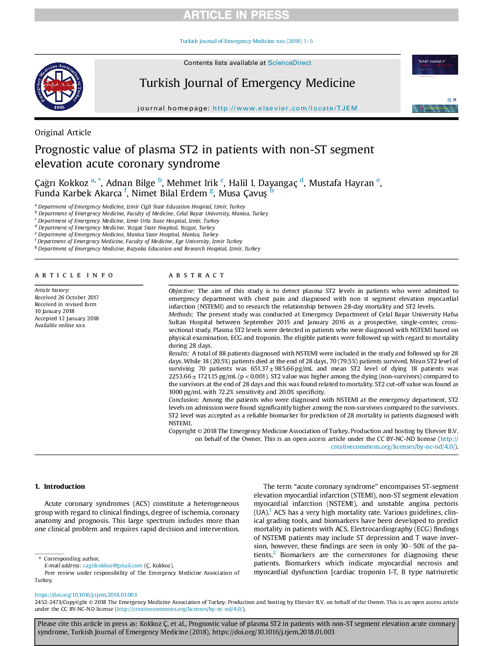 Prognostic value of plasma ST2 in patients with non-ST segment elevation acute coronary syndrome