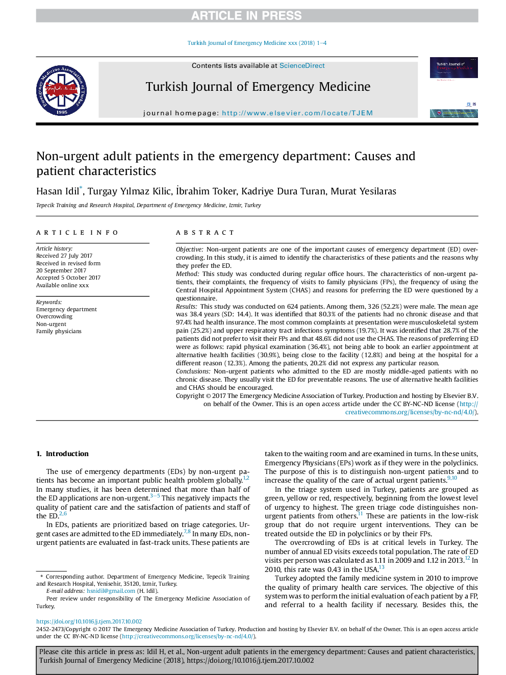 Non-urgent adult patients in the emergency department: Causes and patient characteristics