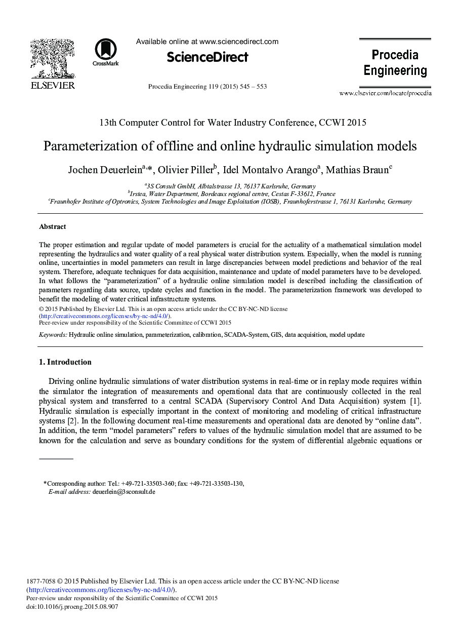 Parameterization of Offline and Online Hydraulic Simulation Models 