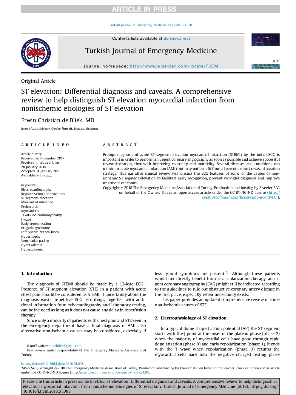 ST elevation: Differential diagnosis and caveats. A comprehensive review to help distinguish ST elevation myocardial infarction from nonischemic etiologies of ST elevation