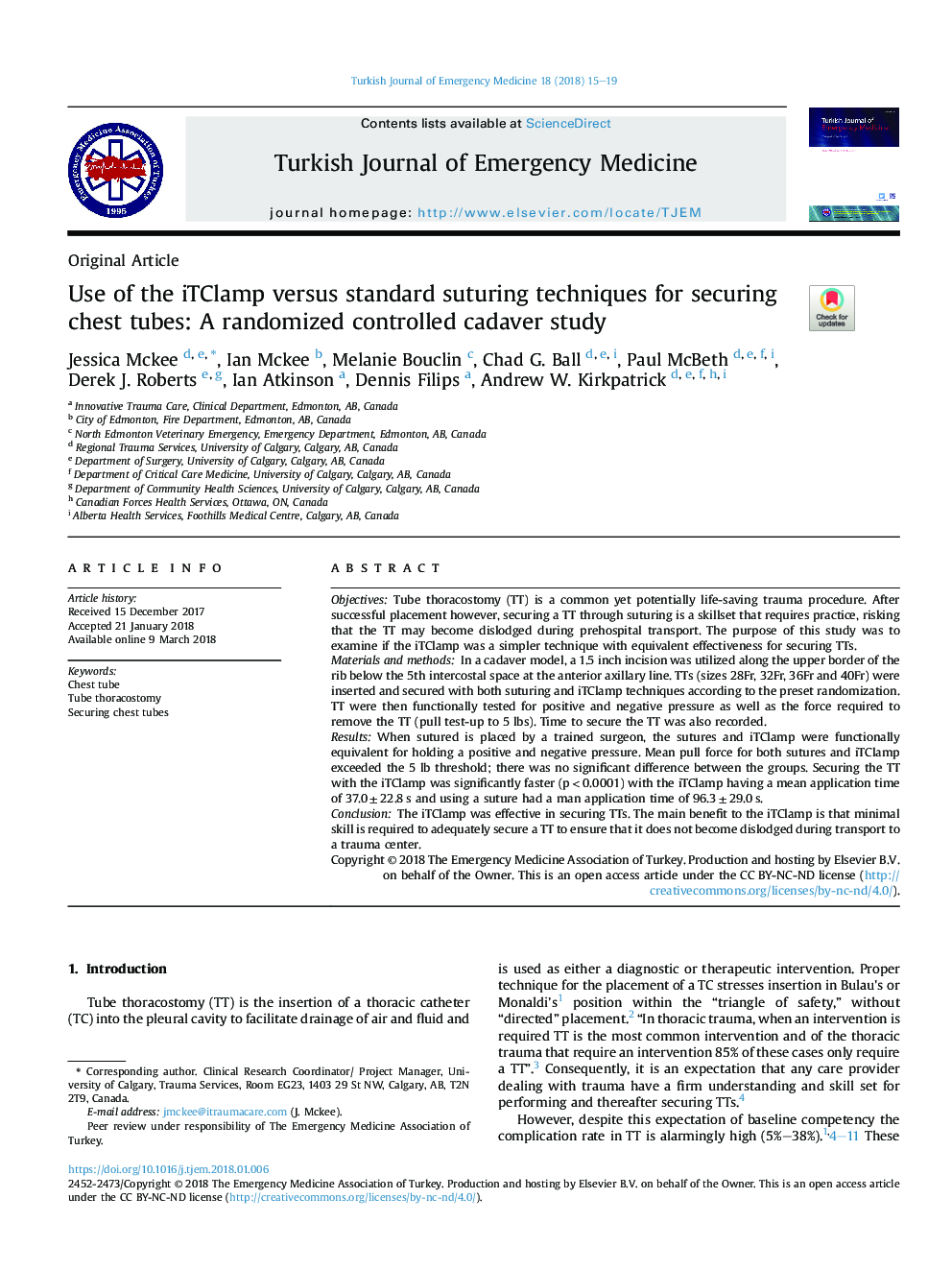 Use of the iTClamp versus standard suturing techniques for securing chest tubes: A randomized controlled cadaver study