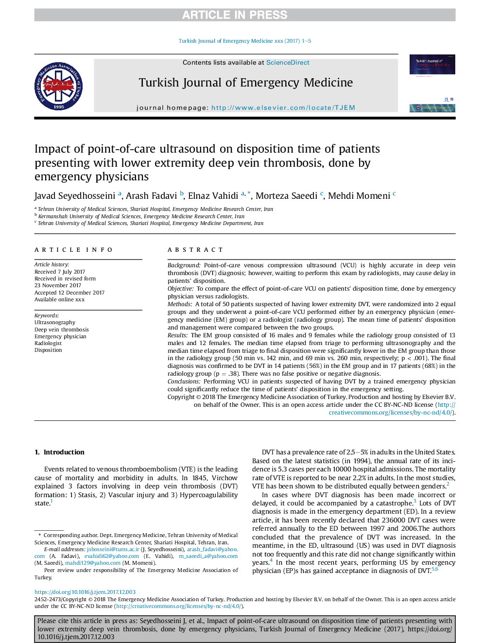 Impact of point-of-care ultrasound on disposition time of patients presenting with lower extremity deep vein thrombosis, done by emergency physicians