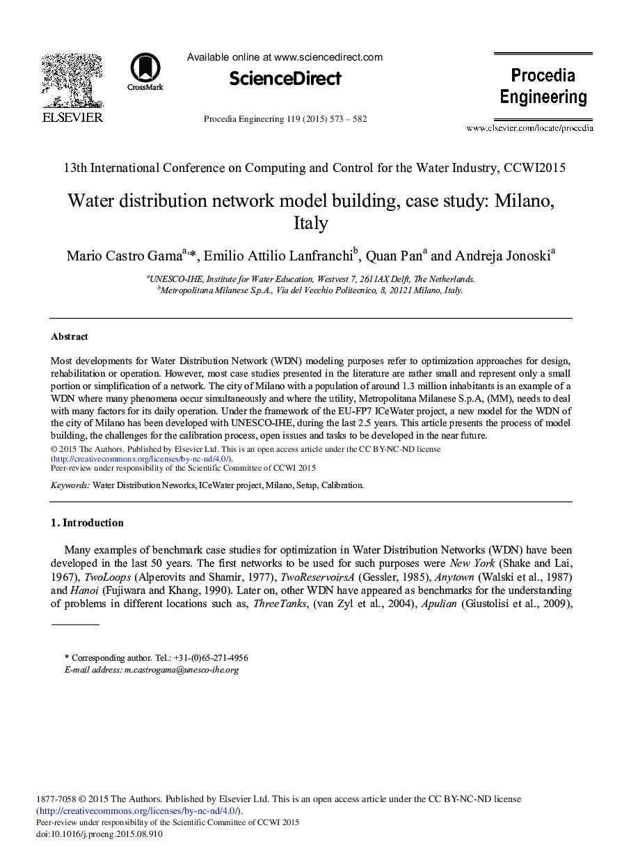 Water Distribution Network Model Building, Case Study: Milano, Italy 