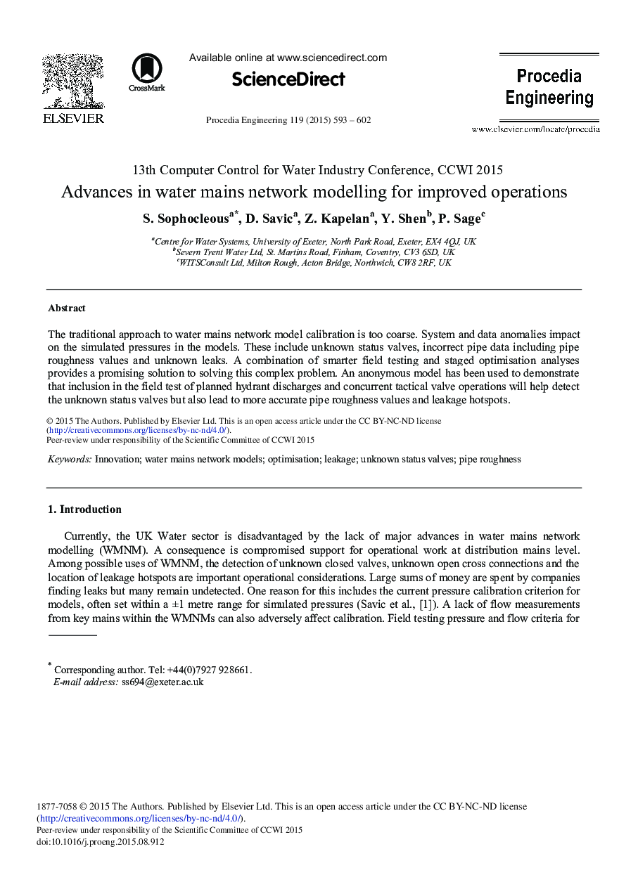 Advances in Water Mains Network Modelling for Improved Operations 