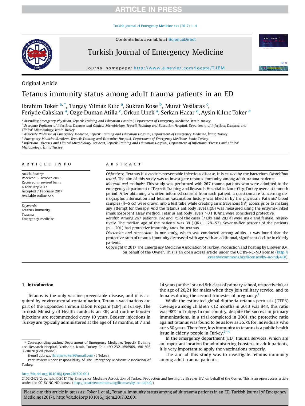 Tetanus immunity status among adult trauma patients in an ED