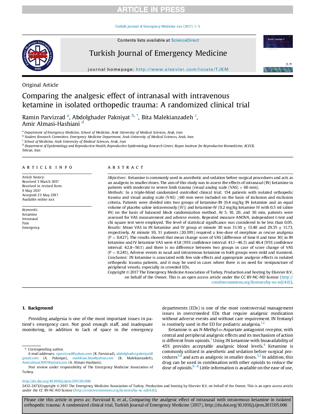 Comparing the analgesic effect of intranasal with intravenous ketamine in isolated orthopedic trauma: A randomized clinical trial