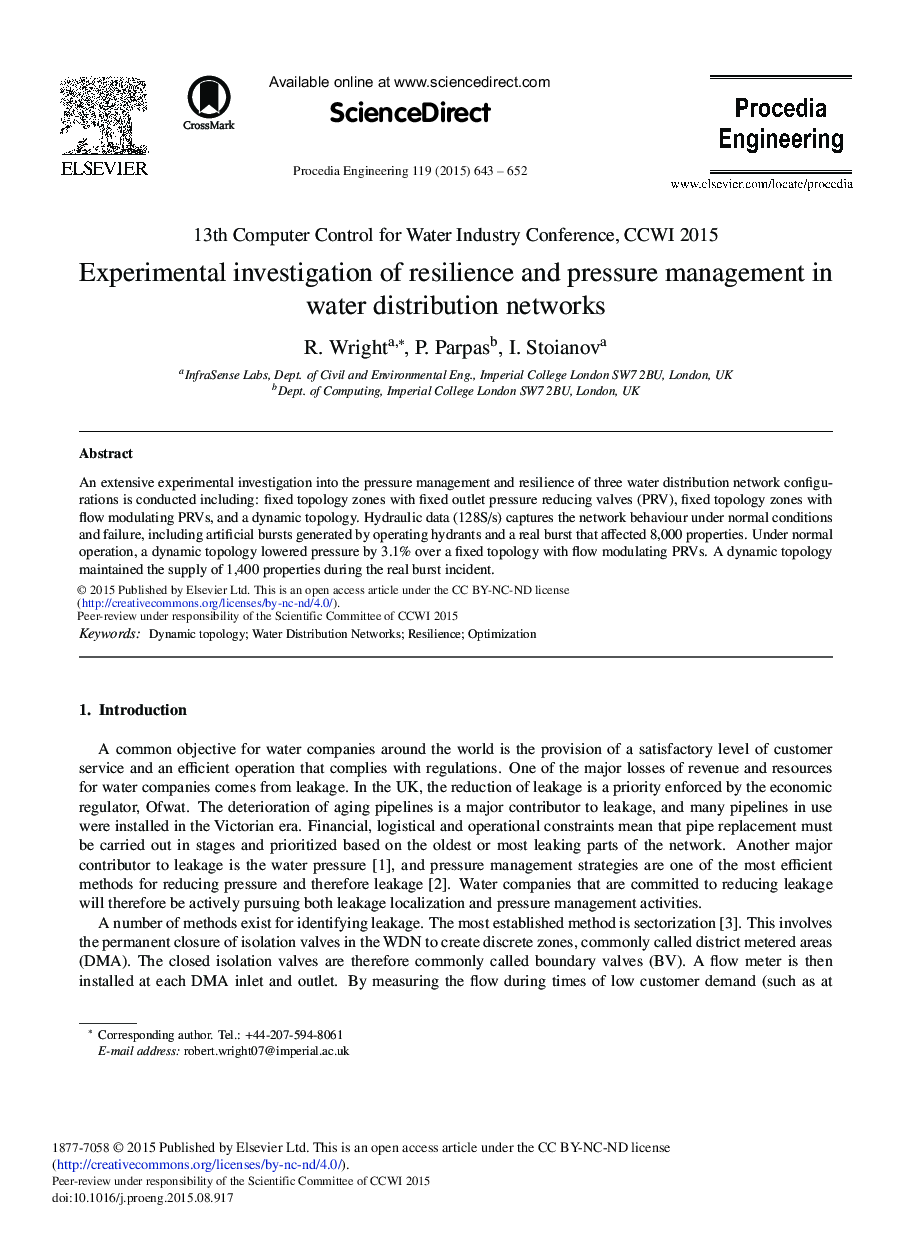 Experimental Investigation of Resilience and Pressure Management in Water Distribution Networks 