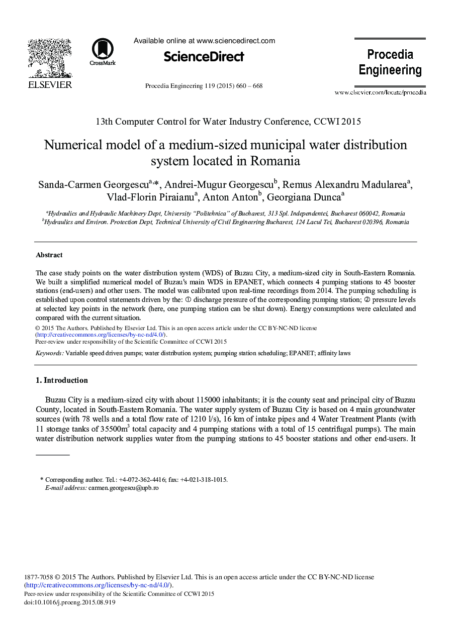 Numerical Model of A Medium-Sized Municipal Water Distribution System Located in Romania 