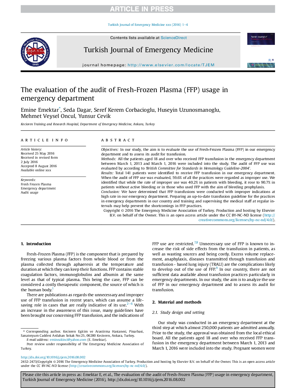 The evaluation of the audit of Fresh-Frozen Plasma (FFP) usage in emergency department