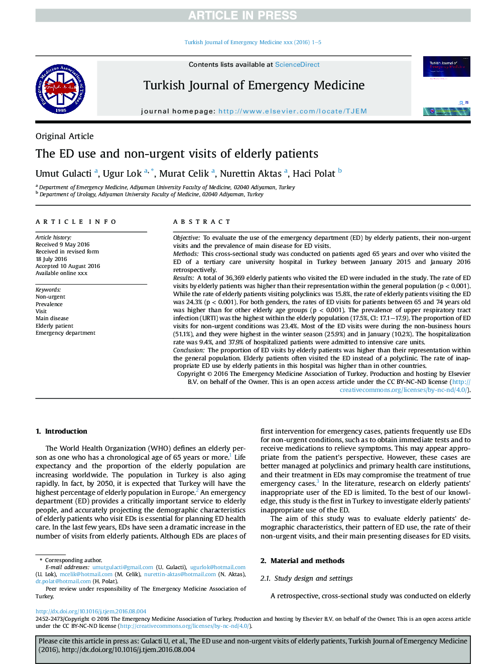 The ED use and non-urgent visits of elderly patients