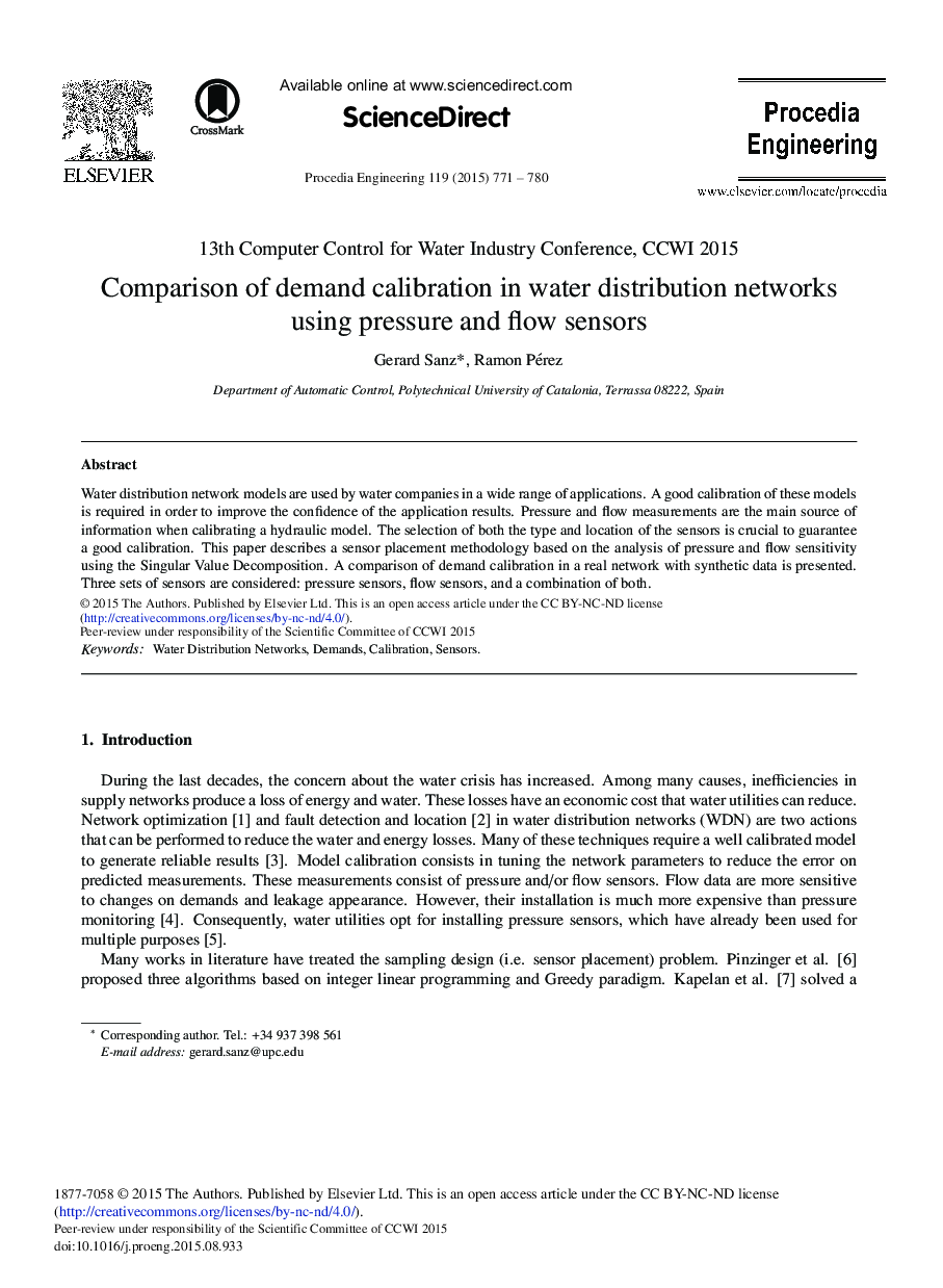 Comparison of demand calibration in water distribution networks using pressure and flow sensors 