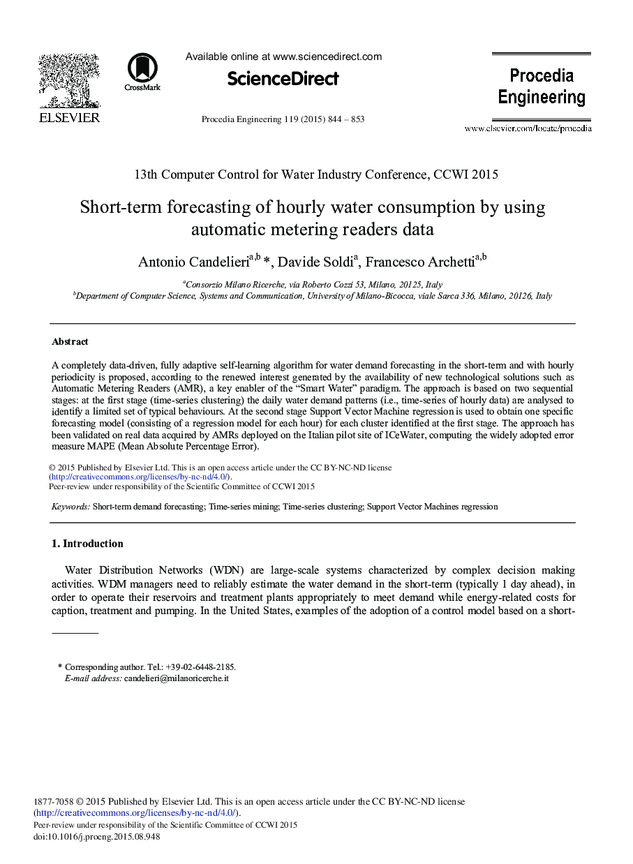 Short-term forecasting of hourly water consumption by using automatic metering readers data 